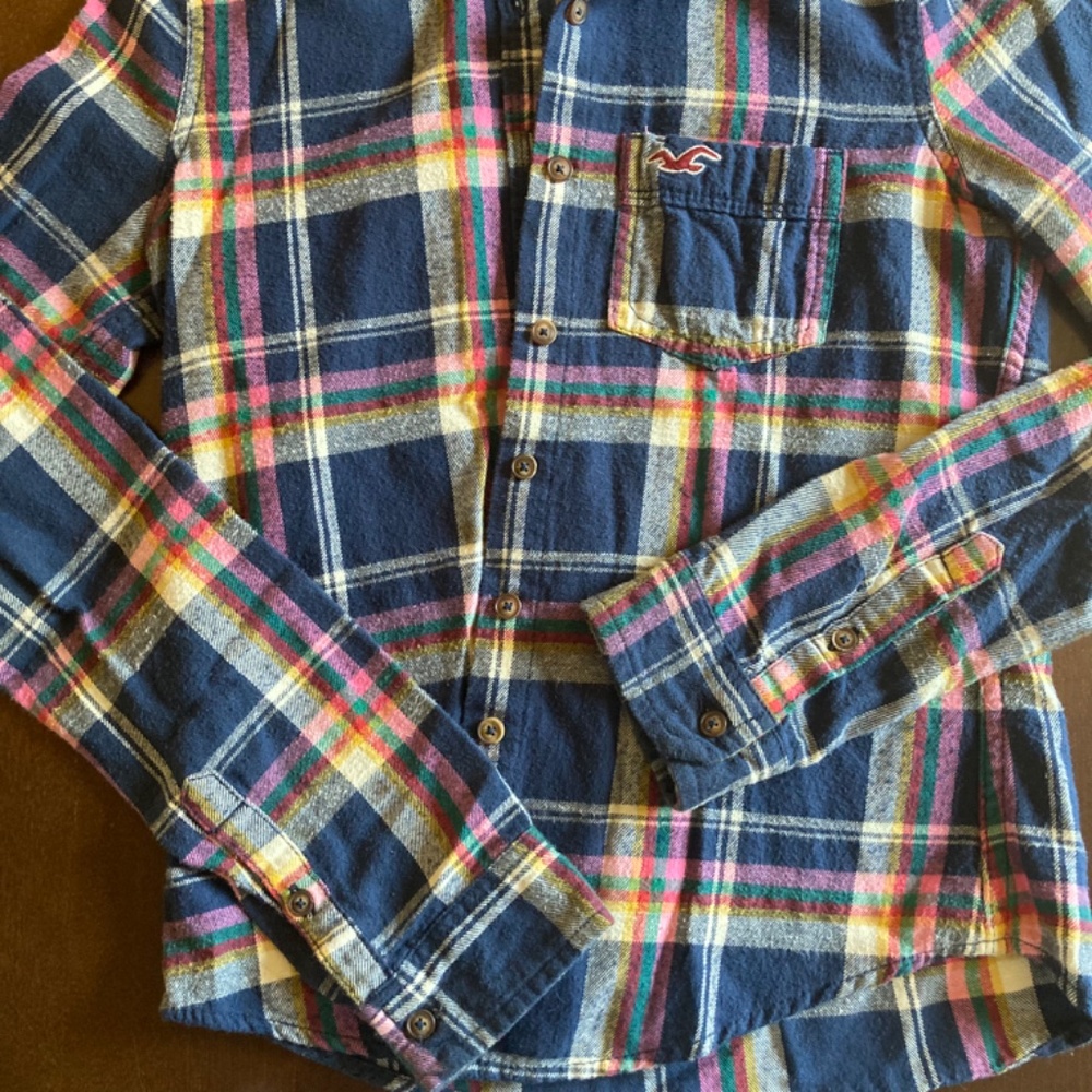 Hollister Navy Blue Long Sleeve Flannel Top Sz XS - Picture 2 of 9